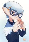  1boy black-framed_eyewear blue_background closed_mouth commentary_request glasses gradient_background highres hiko0v0 inkling inkling_boy orange_eyes own_hands_together short_hair simple_background solo splatoon_(series) two-tone_background upper_body white_background white_hair 