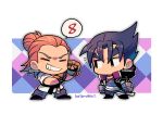  2boys arms_at_sides black_eyes black_footwear black_hair black_jacket chibi clenched_hand closed_eyes expressionless grin hair_bun hwoarang_(tekken) jacket kazama_jin kotorai male_focus martial_arts_belt multiple_boys orange_hair outline short_hair signature smile spoken_number tekken tekken_8 white_outline 