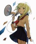  1girl bad_id bad_pixiv_id blue_sailor_collar blue_skirt cable green_eyes green_hair gumi holding holding_cable holding_megaphone looking_at_viewer megaphone neckerchief open_mouth pleated_skirt red_neckerchief sailor_collar sanshichi_(eytc4832) school_uniform serafuku shirt short_hair simple_background skirt solo toumei_elegy_(vocaloid) vocaloid white_shirt 