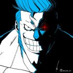 1boy aboude_art artist_name blue_hair clenched_teeth commentary cyborg franky_(one_piece) glowing glowing_eye instagram_logo instagram_username limited_palette long_sideburns looking_at_viewer male_focus one_piece red_eyes short_hair sideburns signature smile solo spiky_hair teeth v-shaped_eyebrows 