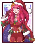  blue_cape bodysuit cape christmas facial_mark fire_emblem fire_emblem_engage fire_emblem_heroes hair_ornament hat highres holly holly_hair_ornament hoshinokotta ice_pick multicolored_cape multicolored_clothes official_alternate_costume red_bodysuit red_cape sack santa_hat solo star_(symbol) star_facial_mark star_hair_ornament star_print two-tone_cape yunaka_(fire_emblem) yunaka_(fire_emblem)_(spirited_envoy) 