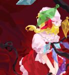 1girl arms_behind_back blonde_hair commentary_request crystal_wings flandre_scarlet frilled_shirt frilled_skirt frills from_behind hat highres kaigen_1025 laevatein_(touhou) looking_at_viewer looking_back medium_hair mob_cap open_mouth puffy_short_sleeves puffy_sleeves red_background red_eyes red_ribbon red_skirt red_vest ribbon shirt short_sleeves skirt touhou vest white_shirt wings 