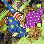  1girl abstract_background american_flag american_flag_dress american_flag_pants blonde_hair clownpiece commentary_request dress flower from_above hat highres jester_cap kaigen_1025 leg_up long_hair neck_ruff pantyhose polka_dot polka_dot_headwear purple_headwear sitting star_(symbol) star_print striped striped_dress striped_pantyhose touhou 