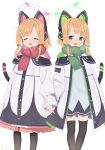  2girls aji_aji_nori animal_ear_headphones animal_ears black_thighhighs blonde_hair blue_archive blue_bow bow closed_eyes fake_animal_ears green_eyes green_halo green_scarf hair_bow halo headphones highres jacket long_sleeves looking_at_viewer midori_(blue_archive) momoi_(blue_archive) multiple_girls open_mouth pink_halo red_bow red_scarf scarf short_hair siblings simple_background sisters smile thigh-highs twitter_username two-sided_fabric two-sided_jacket white_background white_jacket 