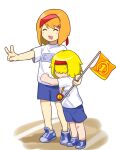  2girls absurdres alice_margatroid blonde_hair blue_footwear blue_shorts blush closed_eyes closed_mouth commentary_request cookie_(touhou) flag flat_chest full_body gym_uniform hair_ornament hair_over_eyes hairband hairclip highres holding holding_flag jigen_(cookie) kakusou long_bangs medium_bangs multiple_girls open_mouth red_hairband shirt shoes short_hair shorts smile sneakers t-shirt taisa_(cookie) touhou v wavy_mouth white_shirt 