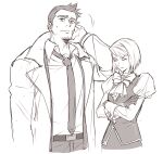  1boy 1girl absurdres ace_attorney beard belt bow bowtie closed_eyes coat collared_shirt cowboy_shot crossed_arms dick_gumshoe facial_hair franziska_von_karma frown gloves greyscale gwiga0 hand_up highres long_sleeves mole mole_under_eye monochrome necktie pants shirt short_hair simple_background standing sweatdrop v-shaped_eyebrows vest 