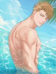  1boy absurdres blonde_hair blue_sky brown_eyes clouds cloudy_sky highres jujutsu_kaisen lips looking_at_viewer male_focus mayo_(myaoruki) muscular muscular_male nanami_kento outdoors palm_leaf short_hair sky solo standing topless_male upper_body wading water 