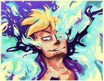  1boy absurdres blonde_hair blue_fire close-up commentary english_commentary fire goatee_stubble grin highres looking_down looking_to_the_side male_focus marco_(one_piece) one_piece purple_background purple_shirt shirt short_hair simple_background smile smirk solo transformation wigglesthetuff 