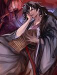  1boy black_eyes black_hair commentary_request faux_traditional_media hand_on_own_cheek hand_on_own_face highres japanese_clothes kimono long_hair male_focus momonosuke_(one_piece) one_piece solo teeth ttt-oo552 wavy_hair 