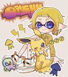  1girl blonde_hair blue_eyes commentary_request highres inkling inkling_girl jolteon lightning_bolt_symbol mina_p one_eye_closed pawpads pointy_ears pokemon pokemon_(creature) shirt shoes short_hair sitting smile splatoon_(series) sticker white_background white_footwear yellow_fur yellow_shirt 