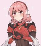  1girl armor breastplate fire_emblem fire_emblem_engage hairband highres lapis_(fire_emblem) medium_hair pink_eyes pink_hair purrlucii red_armor ribbon solo two-tone_hairband white_ribbon 