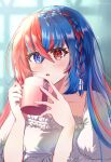  1girl alear_(female)_(fire_emblem) alear_(fire_emblem) blue_eyes blue_hair braid coffee_mug crossed_bangs crown_braid cup emblem_ring fire_emblem fire_emblem_engage heterochromia highres holding holding_cup jin_noumi long_hair mug multicolored_hair official_alternate_hair_color red_eyes redhead solo split-color_hair tiara two-tone_hair very_long_hair 