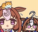  1girl :3 @_@ ahoge animal_ears blush_stickers brown_hair cat character_doll commentary doqute_stuffed_doll ear_ribbon flying_sweatdrops hair_between_eyes hairband horse_ears horse_girl huge_ahoge jazz_jack medium_hair meisho_doto_(umamusume) meto_(cat) multicolored_hair orange_background outline pink_hairband purple_ribbon ribbon streaked_hair stuffed_toy two-tone_hair umamusume violet_eyes white_hair wide_face 