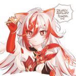  1girl animal_ears bare_shoulders breasts cat_ears chinese_clothes claws closed_mouth detached_sleeves elbow_gloves expressionless eyeliner fu_hua_(fenghuang_of_vicissitude) gloves hair_between_eyes highres honkai_(series) honkai_impact_3rd long_hair makeup multicolored_hair red_eyeliner red_eyes red_gloves red_scales redhead scales simple_background small_breasts solo streaked_hair translation_request two-tone_hair very_long_hair vx7bj white_background white_hair yellow_pupils 