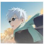  1boy bag black_jacket blue_eyes blue_scarf border day fujikita12 gojou_satoru highres jacket jujutsu_kaisen looking_at_viewer male_focus open_mouth outdoors round_eyewear scarf school_bag short_hair solo sunglasses tree upper_body white_border white_hair 