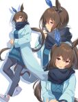  1girl adjusting_scarf admire_vega_(umamusume) animal_ears aran_sweater blue_coat blue_pants blue_scarf blue_sweater breasts brown_hair cable_knit coat covered_mouth dress ear_covers enpera full_body hair_between_eyes highres holding_hands horse_ears horse_girl horse_tail interlocked_fingers kawahara_minamo large_breasts long_hair long_sleeves looking_at_viewer multiple_views open_clothes open_coat own_hands_together pants ponytail scarf shoes simple_background sneakers sweater sweater_dress tail umamusume upper_body very_long_hair violet_eyes white_background white_footwear 