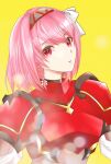  1girl armor braid breastplate cape carpet fire_emblem fire_emblem_engage grey_hairband hairband lapis_(fire_emblem) looking_at_viewer pink_eyes pink_hair red_armor red_cape red_eyes red_hairband ribbon side_braid simple_background solo sylphy_fe two-tone_hairband upper_body white_ribbon yellow_background 