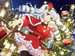  box breasts christmas christmas_ornaments christmas_tree doll dress drill_hair gift gift_box ginrei_(senran_kagura) green_eyes grey_hair hairband hat holding holding_doll house large_breasts leo_(senran_kagura) long_hair night night_sky non-web_source official_art open_mouth outstretched_hand santa_dress santa_hat senran_kagura senran_kagura_new_link sky smile star_(symbol) thigh-highs 