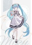  1girl absurdres alternate_costume apron blue_eyes blue_hair center_frills commentary detached_sleeves dress enmaided frilled_apron frilled_dress frilled_footwear frills full_body hatsune_miku highres holding holding_teapot long_hair looking_at_viewer maid maid_headdress mary_janes necktie shoes short_necktie short_sleeves skirt_hold smile solo standing standing_on_one_leg suspenders teapot twintails very_long_hair vocaloid vs0mr wrist_cuffs 