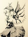  1girl animal_ears bird_ears bird_wings dress fingernails frilled_dress frilled_sleeves frills from_side greyscale hat juliet_sleeves kaigen_1025 long_fingernails long_sleeves monochrome mystia_lorelei profile puffy_sleeves sharp_fingernails short_hair solo touhou traditional_media winged_hat wings 