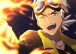  1boy asagi_nanase black_shirt blurry brown_jacket commentary_request fire friede_(pokemon) goggles jacket looking_down male_focus open_clothes open_jacket open_mouth pokemon pokemon_(anime) pokemon_horizons shirt solo teeth tongue upper_body upper_teeth_only white_hair yellow_eyes 