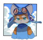  1boy animal_ears aru_(aru7g) blue_shirt blue_sky clouds cloudy_sky commentary_request detached_sleeves dog_boy dog_ears furry furry_male goggles goggles_on_head looking_at_viewer lou_(world_flipper) male_focus shirt sky upper_body world_flipper 
