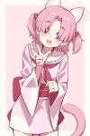  1girl akatsuki_no_akatsuki animal_ears blue_archive blush cat_ears cat_tail chlorella_observation_club_member_(blue_archive) cowboy_shot hair_over_eyes halo highres japanese_clothes kimono looking_at_viewer neckerchief obi open_mouth pink_eyes pink_hair pink_halo pink_kimono red_neckerchief sailor_collar sash short_hair smile solo tail teeth two_side_up upper_teeth_only white_sailor_collar 