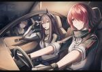  3girls absurdres animal_ear_fluff animal_ears arknights arm_rest arm_up black_capelet black_gloves black_hair black_jacket black_pantyhose black_sky black_straps blue_hair breasts brown_horns building capelet car_interior car_seat ch&#039;en_(arknights) city city_lights cityscape clear_sky clenched_teeth closed_mouth collared_capelet collared_jacket collared_shirt colored_inner_hair commentary_request cowboy_shot double-parted_bangs dragon_girl dragon_horns dress_shirt expressionless exusiai_(arknights) facing_viewer fingerless_gloves fingernails food food_in_mouth from_side frown gloves grin hair_between_eyes hair_flowing_over hair_over_eyes hair_over_one_eye halo hand_on_lap hand_rest hand_to_head high_collar highres holding horns jacket leaning leaning_against_vehicle leaning_forward light_blush long_hair long_sleeves looking_afar looking_ahead looking_at_another medium_breasts mouth_hold multicolored_clothes multicolored_hair multicolored_jacket multiple_girls necktie nervous nervous_smile night o-ring_strap one_eye_covered open_clothes open_jacket orange_eyes outdoors outstretched_arms outstretched_hand pantyhose parted_lips pocky pocky_in_mouth puffy_long_sleeves puffy_sleeves r_oot rear-view_mirror red_eyes redhead seatbelt shadow shirt short_hair side-view_mirror sidelocks single_vertical_stripe sitting sky sleeve_cuffs smile standing steering_wheel strap streaked_hair striped striped_jacket sweatdrop swept_bangs teeth texas_(arknights) two-tone_hair two-tone_jacket upper_body v-shaped_eyebrows vertical-striped_jacket vertical-striped_sleeves vertical_stripes white_jacket white_shirt windshield wing_collar wolf_ears wolf_girl yellow_halo yellow_necktie 