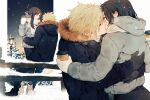  1boy 1girl black_coat black_footwear black_gloves black_hair black_pants blonde_hair blush closed_eyes cloud_strife coat commentary couple cup disposable_cup ear_blush final_fantasy final_fantasy_vii final_fantasy_vii_remake fur-trimmed_coat fur_trim gloves grey_coat hetero highres holding holding_cup hood hood_down hooded_coat hug kiss lamppost long_hair looking_at_another maiii_(smaii_i) multiple_views night night_sky open_mouth outdoors pants red_eyes scarf single_sidelock sitting sky snow snowing spiky_hair symbol-only_commentary tifa_lockhart tree white_footwear white_gloves white_scarf winter_clothes winter_coat 