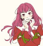  1girl christmas facial_mark fire_emblem fire_emblem_engage fire_emblem_heroes hair_ornament highres holly_hair_ornament long_hair looking_at_viewer red_eyes redhead ro_botw santa_capelet solo star_(symbol) star_facial_mark star_hair_ornament yunaka_(fire_emblem) yunaka_(fire_emblem)_(spirited_envoy) 