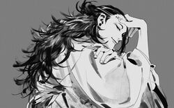  1boy chenalii earrings getou_suguru greyscale hand_on_own_arm hand_on_own_forehead japanese_clothes jewelry jujutsu_kaisen kimono long_hair looking_at_viewer loose_hair_strand male_focus monochrome scar scar_on_face scar_on_forehead simple_background smile solo stitched_face stitches stud_earrings upper_body 