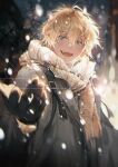  1boy black_gloves blonde_hair blue_hair capybara_roll coat commentary gloves grey_coat male_focus nijisanji nijisanji_en open_mouth scarf smile snow solo sonny_brisko symbol-only_commentary virtual_youtuber winter yellow_scarf 