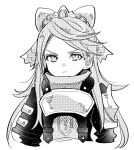 1girl absurdres alternate_costume armor bow breastplate closed_mouth etie_(fire_emblem) fire_emblem fire_emblem_engage greyscale hair_bow highres illust_mi long_hair looking_at_viewer monochrome solo swept_bangs tiara upper_body 