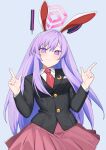  1girl absurdres blue_archive blush breasts commission cosplay double_finger_gun finger_gun halo highres long_hair looking_at_viewer medium_breasts necktie pleated_skirt purple_hair reisen_udongein_inaba reisen_udongein_inaba_(cosplay) second-party_source skirt smile solo touhou utaha_(blue_archive) very_long_hair violet_eyes wafer_nuri 