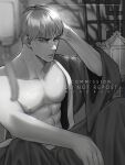  1boy abs bare_pectorals commission greyscale hair_down highres japanese_clothes jujutsu_kaisen kimono lantern lips long_sleeves looking_at_viewer male_focus mayo_(myaoruki) monochrome muscular muscular_male nanami_kento parted_lips partially_undressed pectorals short_hair sitting solo upper_body wide_sleeves 