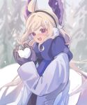  1girl ahoge blonde_hair blue_scarf blush coat commentary earmuffs enna_alouette gloves grey_gloves head_wings highres konpeiteru long_hair low_twintails nijisanji nijisanji_en open_mouth purple_coat purple_wings scarf snow snowball solo symbol-only_commentary twintails very_long_hair violet_eyes virtual_youtuber wings winter 