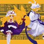  2girls abstract_background animal_ears animal_hat blonde_hair blue_tabard curly_hair dress elbow_gloves fox_ears fox_tail gap_(touhou) gloves hands_in_opposite_sleeves hat hat_ribbon highres kaigen_1025 kitsune long_hair looking_at_another looking_back mob_cap multiple_girls multiple_tails ofuda ofuda_on_head own_hands_together puffy_short_sleeves puffy_sleeves purple_dress ribbon short_hair short_sleeves sleeve_garter socks tabard tail touhou violet_eyes white_dress white_gloves white_headwear white_socks yakumo_ran yakumo_yukari yellow_background yellow_eyes 
