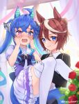  2girls @_@ absurdres ahoge animal_ears aqua_hair blue_eyes blue_hair blush bow brown_hair carrying commentary_request crossed_bangs ear_ornament embarrassed flower gloves hair_bow hands_on_own_cheeks hands_on_own_face heterochromia highres horse_ears horse_girl indoors jacket long_hair long_sleeves medium_hair multicolored_hair multiple_girls nose_blush open_mouth parted_lips peteron petticoat pleated_skirt princess_carry puffy_short_sleeves puffy_sleeves purple_shirt raised_eyebrows red_flower red_rose rose sailor_collar school_uniform sharp_teeth shirt short_sleeves sidelocks skirt streaked_hair striped striped_bow suit suit_jacket teeth thigh-highs tokai_teio_(umamusume) tokai_teio_(waltz_of_hiwing)_(umamusume) tracen_school_uniform twin_turbo_(umamusume) twintails twitter_username two-tone_hair umamusume upper_teeth_only violet_eyes white_gloves white_sailor_collar white_skirt white_thighhighs 