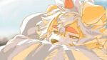  1boy animal_ears arknights english_commentary furry furry_male half-closed_eyes head_on_arm horns hung_(arknights) liankaoshasi looking_to_the_side male_focus mythological_creature orange_eyes single_horn upper_body white_hair 