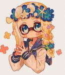  1girl blonde_hair blue_eyes blush closed_mouth commentary_request flower hair_flower hair_ornament head_wreath highres inkling inkling_girl long_hair ochocho2828 own_hands_together pointy_ears sailor_collar sailor_shirt shirt simple_background solo splatoon_(series) splatoon_3 upper_body white_background 