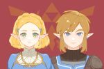  1boy 1girl blonde_hair blue_eyes blue_tunic brown_hair champion&#039;s_tunic_(zelda) chinese_commentary commentary_request earrings green_eyes hair_ornament hairclip jewelry link medium_hair princess_zelda sidelocks single_shoulder_pad smile the_legend_of_zelda the_legend_of_zelda:_tears_of_the_kingdom triforce turtleneck yun_(dl2n5c7kbh8ihcx) 