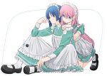  2girls alternate_costume apron black_footwear blue_eyes blue_hair bocchi_the_rock! closed_mouth commentary_request dress elbow_rest enmaided expressionless frilled_apron frills full_body gotoh_hitori green_dress hair_between_eyes hakidame_(hkdm_aka_283) hand_on_another&#039;s_shoulder highres kneeling knees_up long_hair long_sleeves looking_at_viewer maid maid_apron maid_headdress mary_janes multiple_girls puffy_short_sleeves puffy_sleeves shoes short_hair short_sleeves simple_background sitting socks very_long_hair white_apron white_background white_socks yamada_ryo yellow_eyes 