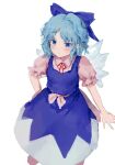 1girl blue_bow blue_dress blue_eyes blue_hair blush cirno crystal_wings embodiment_of_scarlet_devil frown himuhino solo touhou white_background