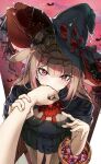  1girl antlers basket black_cape black_headwear brown_hair cape deer_antlers exitus flower-shaped_pupils halloween hat highres kannazuki_lubee long_hair multicolored_hair pink_eyes pink_hair pink_nails pov shizaoqian solo streaked_hair symbol-shaped_pupils witch_hat 