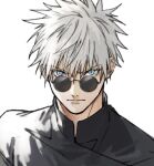  1boy aged_down blue_eyes expressionless gojou_satoru grey_hair jujutsu_kaisen jujutsu_tech_uniform looking_at_viewer male_focus portrait satsuki_g short_hair solo spiky_hair sunglasses white_background 