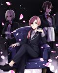  3boys black_footwear black_pants black_suit bow bowtie brown_eyes butler chair closed_eyes genderswap genderswap_(ftm) gloves green_eyes grey_vest hanazono_hahari kimi_no_koto_ga_dai_dai_dai_dai_daisuki_na_100-nin_no_kanojo long_hair long_sleeves meido_mai mole mole_under_eye multiple_boys necktie pants ponytail red_bow red_bowtie sitting suit towel vest white_gloves 