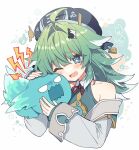  1girl 1other :d ahoge angry animal_ears bare_shoulders blank_eyes blue_eyes blunt_bangs blush collar colored_tips dot_nose fiery_tail fire floppy_ears fox_ears fox_girl green_fire green_hair green_shirt hair_between_eyes hair_intakes hat honkai:_star_rail honkai_(series) hug huohuo_(honkai:_star_rail) long_sleeves multicolored_hair no_nose off_shoulder one_eye_closed paw-shaped_pupils red_ribbon ribbon rrrrr_h8 shirt sidelocks sleeves_past_wrists smile tail tail_(honkai:_star_rail) tearing_up wavy_hair white_background white_hair wide_sleeves yin_yang yin_yang_hair_ornament 