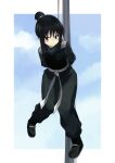  1girl absurdres armor arms_behind_back black_eyes black_hair black_pants blue_sky blush border bowchan breastplate closed_mouth commentary eyelashes frown fullmetal_alchemist hair_between_eyes hair_bun highres jitome lan_fan looking_at_viewer medium_hair midair ninja outdoors pants sidelocks simple_background single_hair_bun sky solo v-shaped_eyebrows white_border 