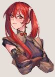  1girl arms_under_breasts artist_name blush breasts brown_gloves closed_mouth cropped_torso crossed_arms detached_sleeves fire_emblem fire_emblem_awakening gloves grey_background hair_between_eyes highres long_hair looking_at_viewer maleficauraa medium_breasts red_eyes redhead severa_(fire_emblem) simple_background solo twintails twitter_username upper_body 