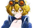  1boy black_choker blonde_hair blue_jacket choker goggles goggles_on_head jacket limbus_company looking_at_viewer parted_lips project_moon simple_background sinclair_(project_moon) solo uchimura_(rino0525) upper_body white_background yellow_eyes 